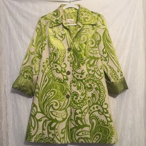 3 sisters green velvet print long coat blazer l
